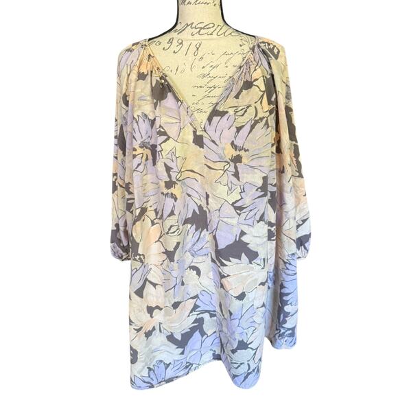 H&M Oversized Gray Purple Cotton Floral Shirt Dress Size XL - Picture 1 of 4